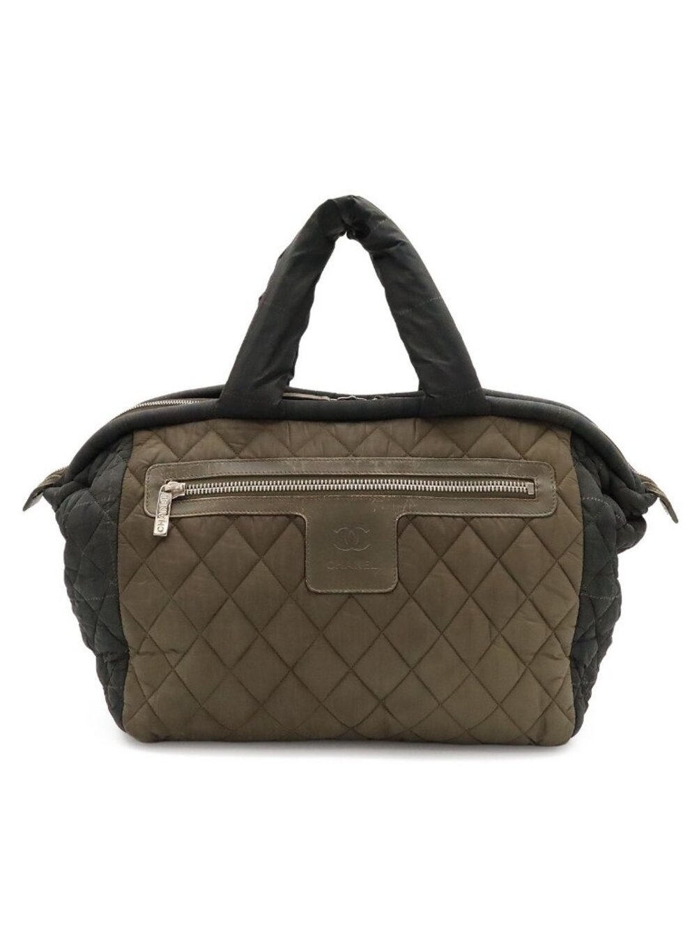 Chanel Coco Cocoon CC Logo Mini Boston Bag Quilted Nylon Leather Check Pattern